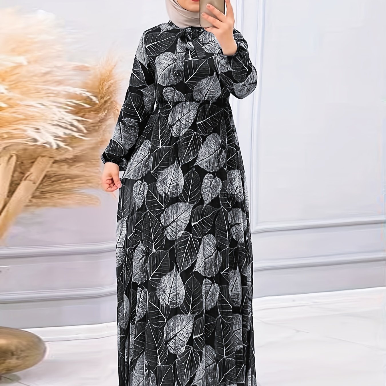 Women's Middle Eastern Print Pleated Waist-draped Dress (headscarf Not Included)