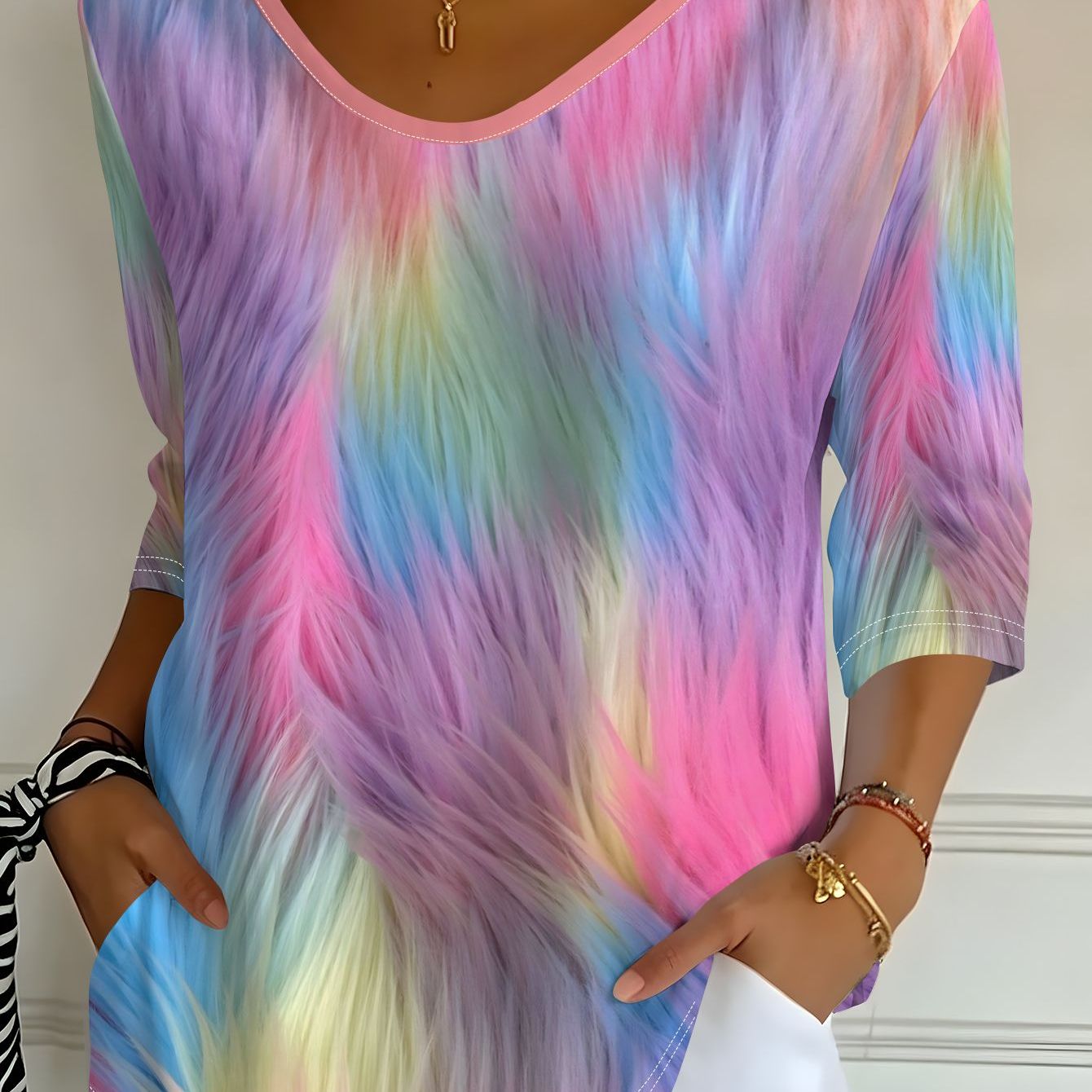 TEMU 2d Flat Print Women's Macaron Gradient Print V-neck Three-quarter Sleeve T-shirt, Spring And Autumn Casual Top