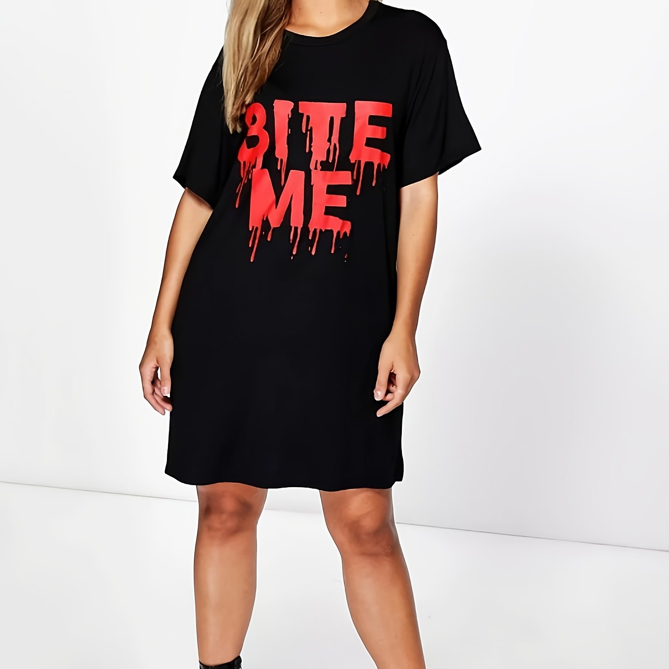 TEMU Casual Round-neck T-shirt Dress With A Red '' Graphic Print - Short Sleeves, Stretchy, Machine Washable - Perfect For Spring And Summer