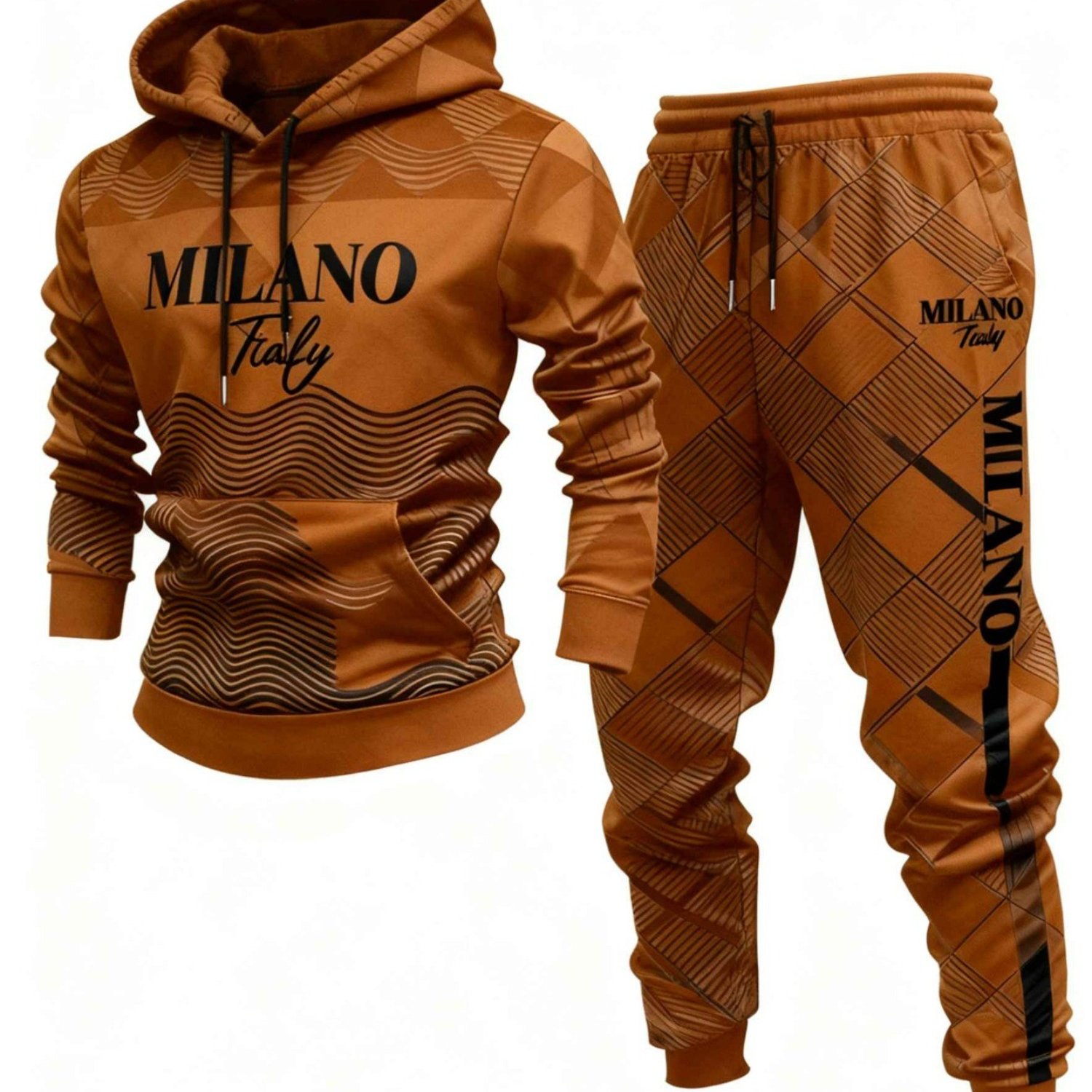 Image of Men's Fashion Fall Winter Street Style Trendy Italy Graphic 3d Print Hooded Tracksuit Casual Sportswear For Adult Men Daily Wear