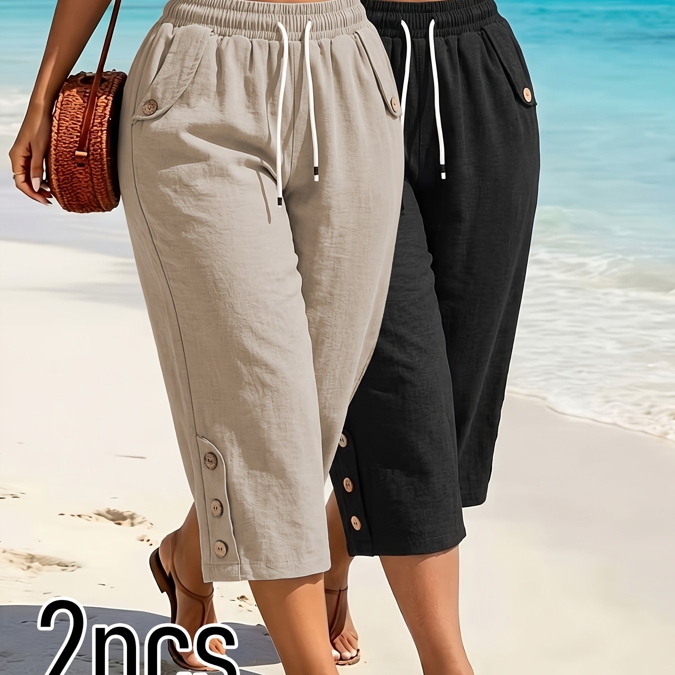 TEMU 2pcs Women's Lightweight Comfortable Loose Capri Pants, Drawstring Waist Design, Suitable For , Travel, Daily, Outdoor Camping, And More