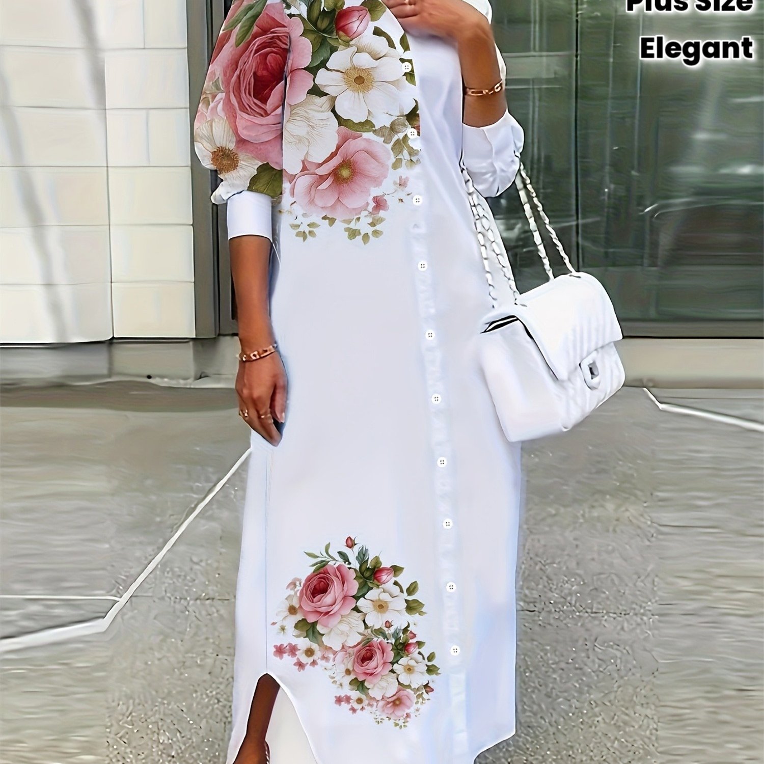 Plus Size - Plus Size - Plus Size Women's Casual Floral Patterned Long Sleeve Shirt Dress For Spring And Autumn