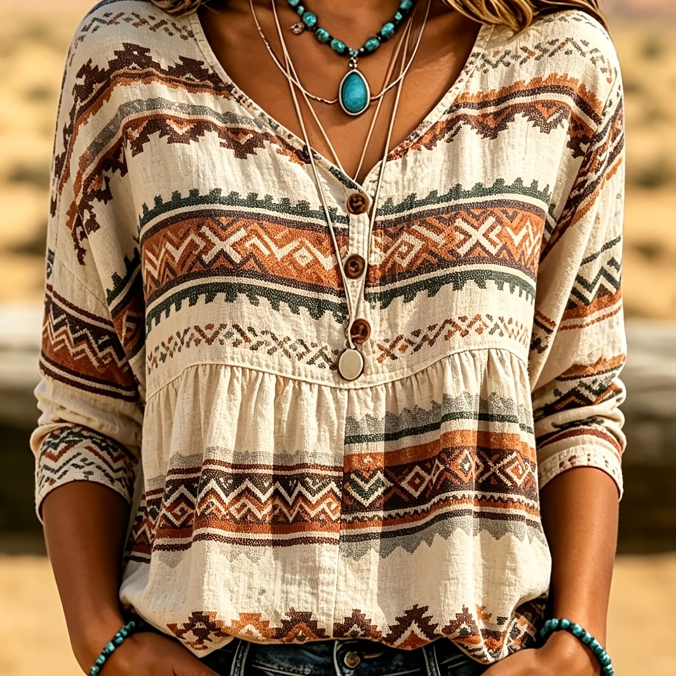 Image of Western Ethnic Striped Geometric Print Women's Blouse, V-neck Half Button 3/4 Sleeve Loose Fit Bohemian Casual Daily Tops