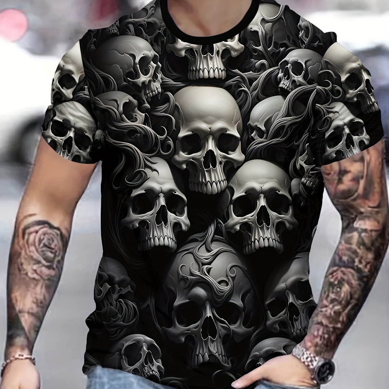 Men&#39;s Novelty 3D Skull Print T-Shirt - Short Sleeve, Black &amp; Gray Graphic Design, Soft Polyester Blend, Casual Streetwear Style, Machine Washable