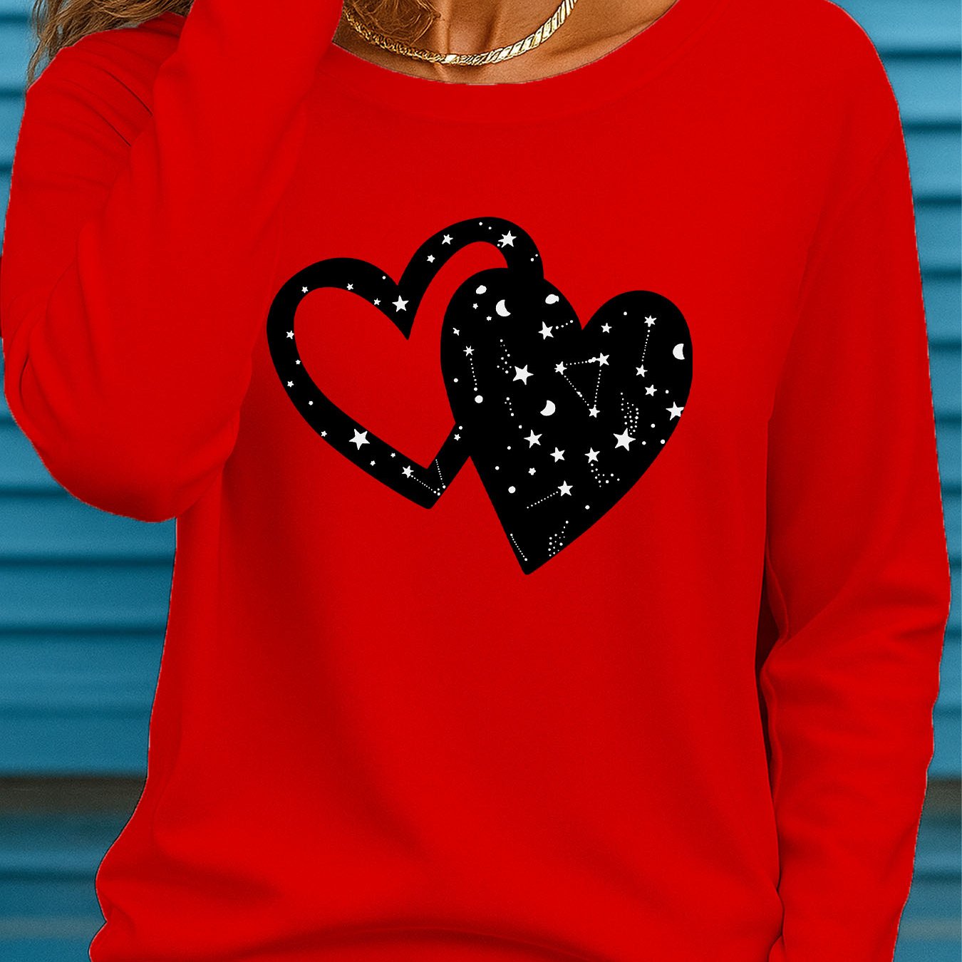 TEMU T-Shirt Femme Manches Longues Col Rond Taille Grande avec Imprimé Double Cœur Nuit Étoilée - Blouse Chaude Décontractée pour Hiver, Tenue