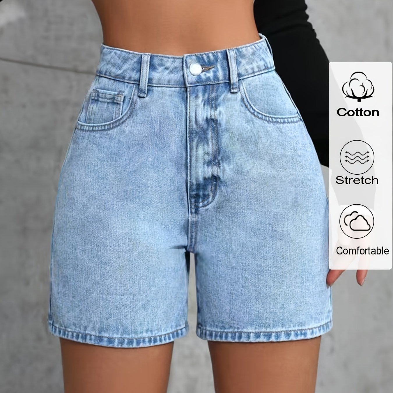 Image of New Style Stretch Denim Shorts For Ladies, Acid-washed Blue Denim Shorts With Pockets, Tummy-hugging Comfortable Pants, Women's Clothing, Suitable For Work, Travel, And Casual Wear For Ladies.
