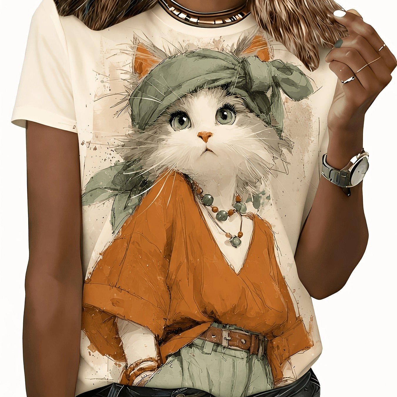 TEMU Women's Casual Short-sleeve T-shirt - Trendy Graphic Print, Loose-fitting Crew Neck, T-shirt. Breathable, Machine-washable Fabric, Summer Wear.