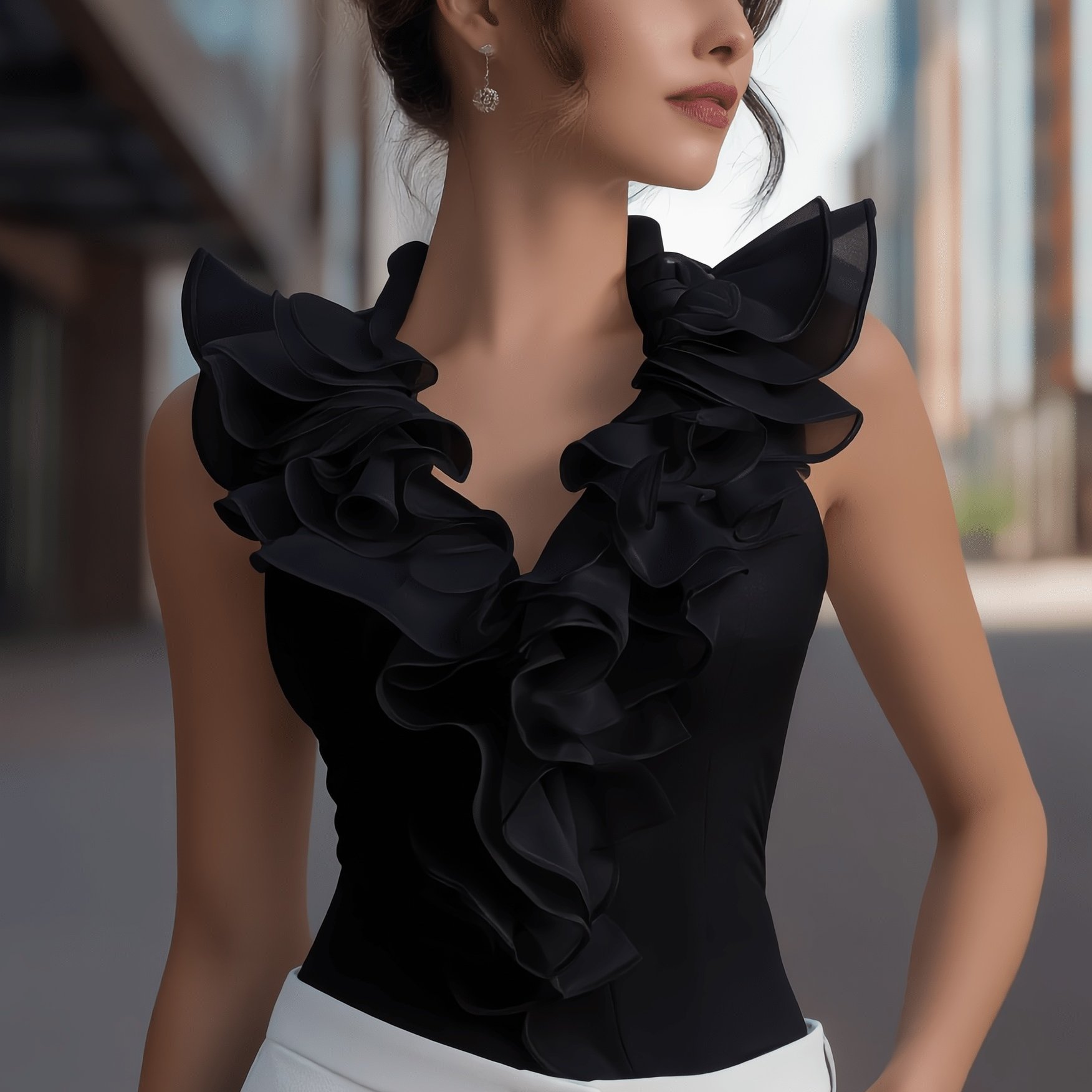 TEMU Romantic Atmosphere "moonlight Chiffon Ruffle V-neck Shirt | Sleeveless Top For Dates, Parties, And Light Formal Wear"