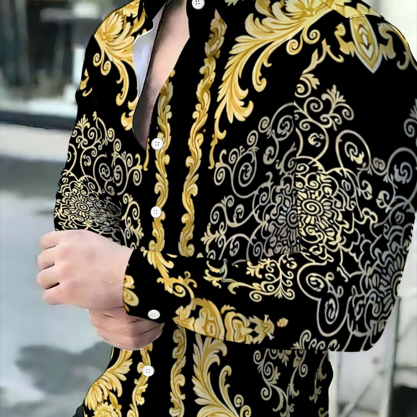 TEMU Black And Golden Patterned Long-sleeve Shirt For Men, Stylish Print Dress Shirt, Casual Business Formal Jacket Style