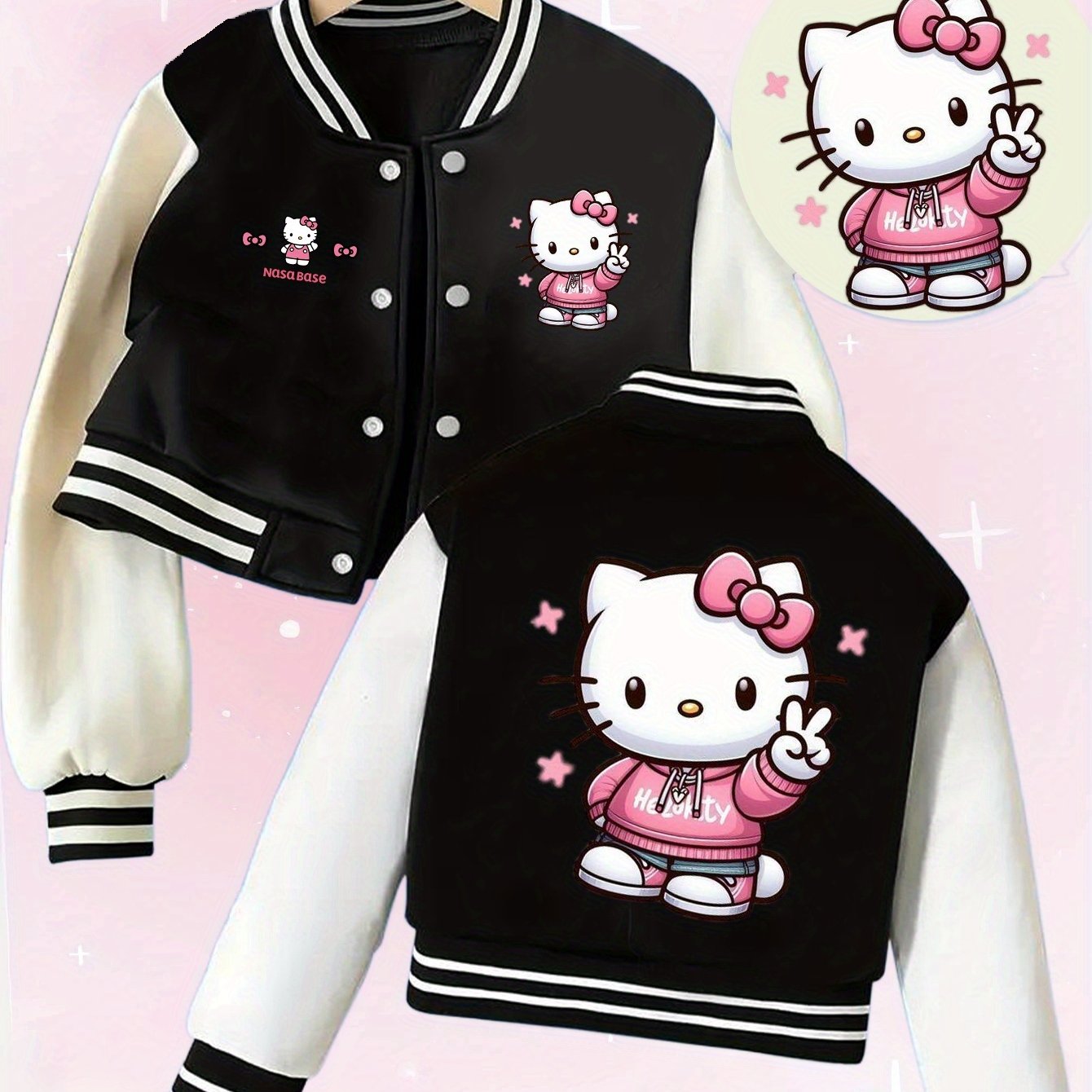 TEMU 1pc Autumn Winter Girls Apparel Adorable Hello Kitty Reversible Print Baseball Jacket - Short Cropped School Style Featuring Black & White