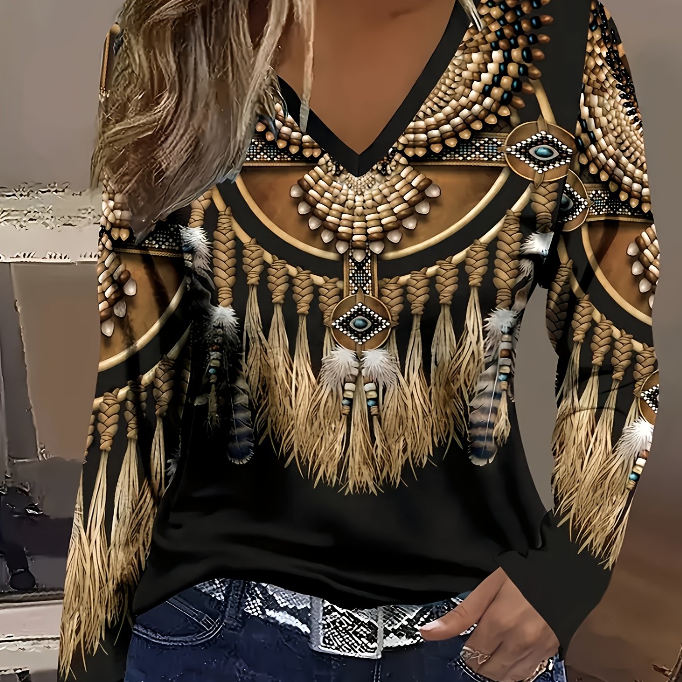 Women's Long Sleeve V-neck Autumn Printed T-shirt
