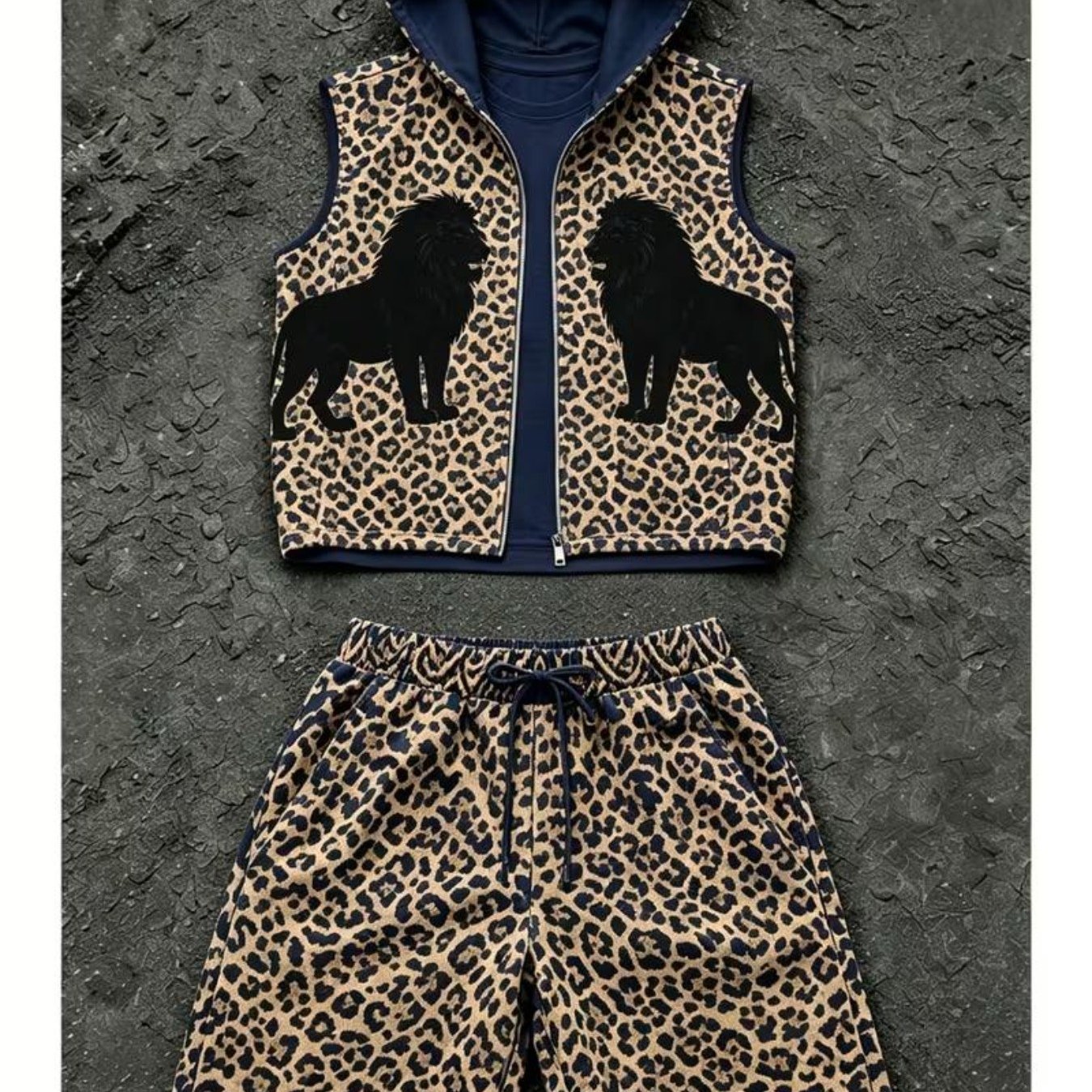 Image of Men's Casual Suit[printed Design- No Texture] Sleeveless Hooded Men's Fashion Leopard Lion Pattern Casual Trendy Set Shorts And Tank Top Street Style Adult Men's Casual Wear Holiday Gift, Plus Size
