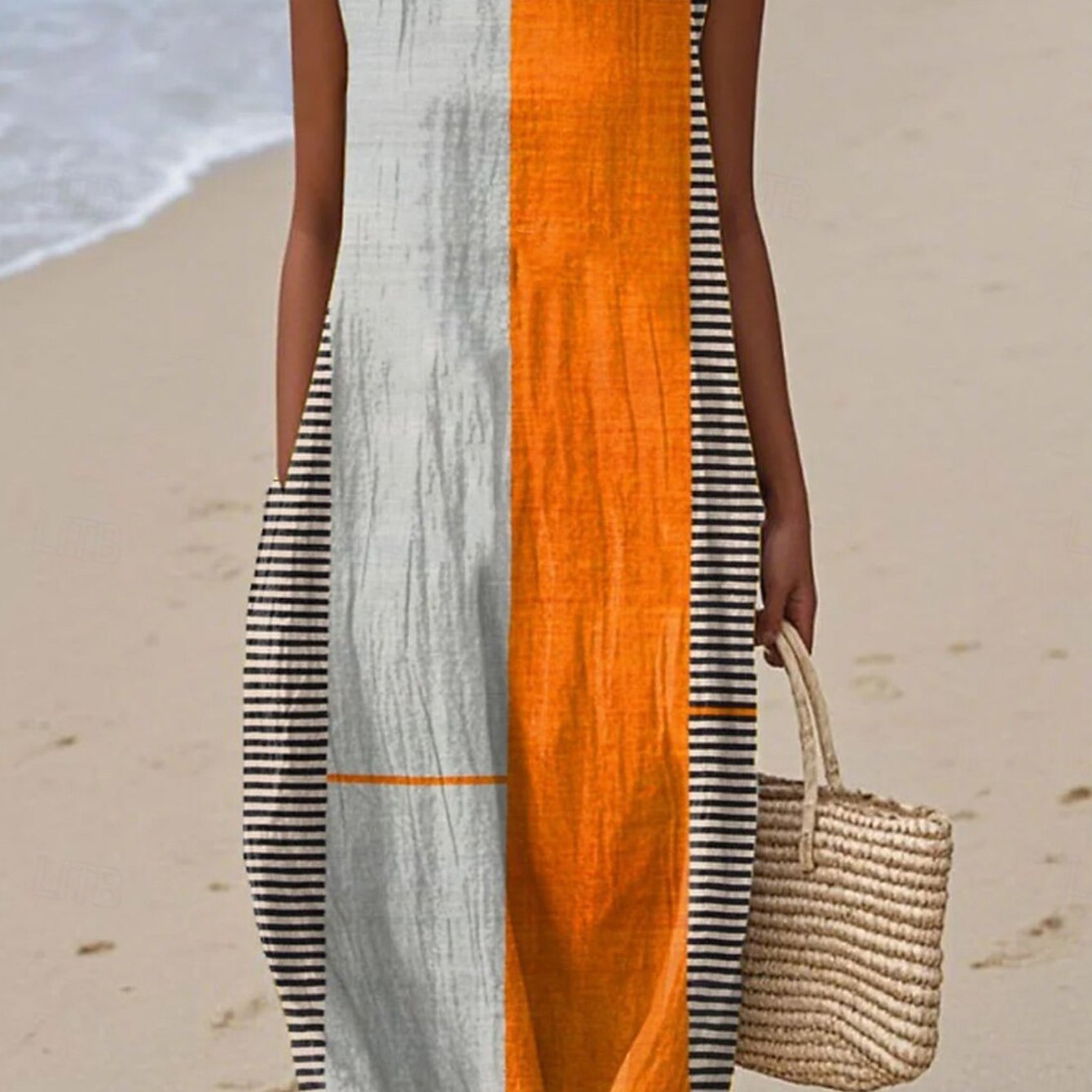 Image of Plus Size - Plus-size Women's Round Neck Sleeveless Loose-fitting Dress, And Gray Color Blocking, Black And White Striped Midi A-line Skirt, Casual Beach Dress, And Versatile