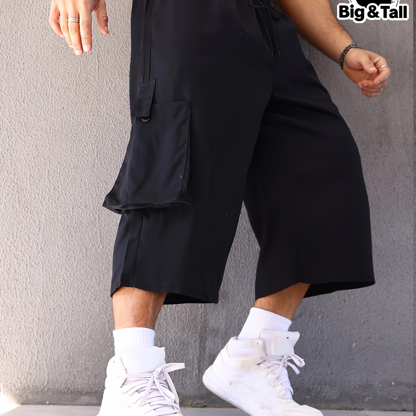 TEMU Plus Size Men' Color Capri Cargo Pants - Casual, Loose Fit With Drawstring Waist For Outdoor Activities, Plus Size