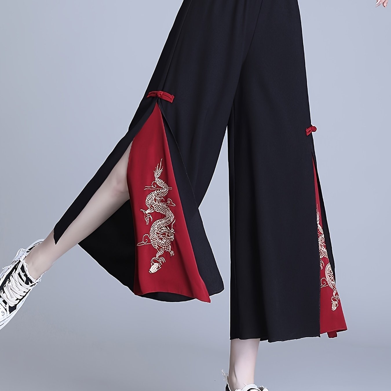 TEMU 女性用ハイウイドレッグパンツ - 夏のルーズフィット、赤と黄金の中国刺繍、コンヘム、洗濯機洗い可能な素材、ダンス、カジュアル、オフィスウェアに最適、タッセルテクスチャ、ハイウエストパンツ