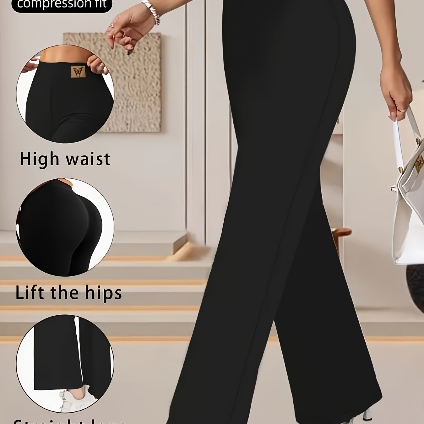 TEMU Pantalon Femme Noir Taille Haute - Coupe Droite avec Logo Papillon - Tissu Élastique Confortable, Respirant et - Idéal pour Sorties, , Bureau,