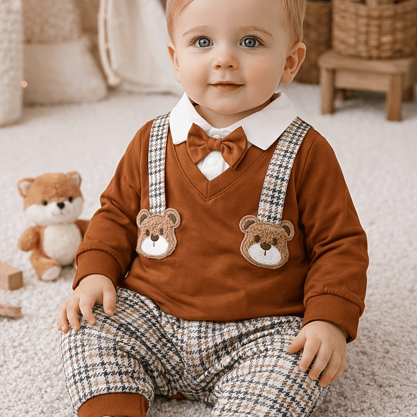 Hibobi Baby Boys' Gentleman Bear Pattern Romper Set - Polyester, Machine Washable, Non-transparent - Perfect For Spring/fall, Perfect For Outdoor