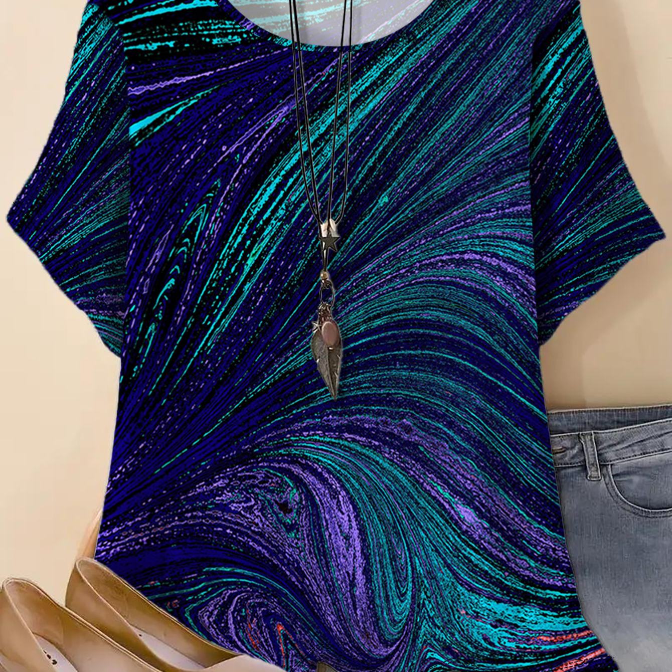 TEMU Plus Size, Plus-size Women's Round-neck Stretch T-shirt, Loose-fit Short-sleeve Tee Suitable For Layering Or Wearing Alone. Features A