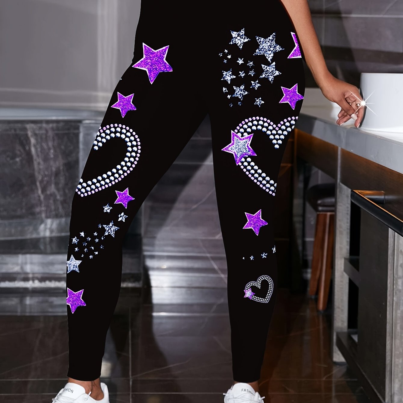TEMU 1pc Women's Star Printed Polyester Leggings - Knit Fabric Jeggings, Soft And Comfortable Pattern, Suitable For Spring/summer/fall - Adult Fit