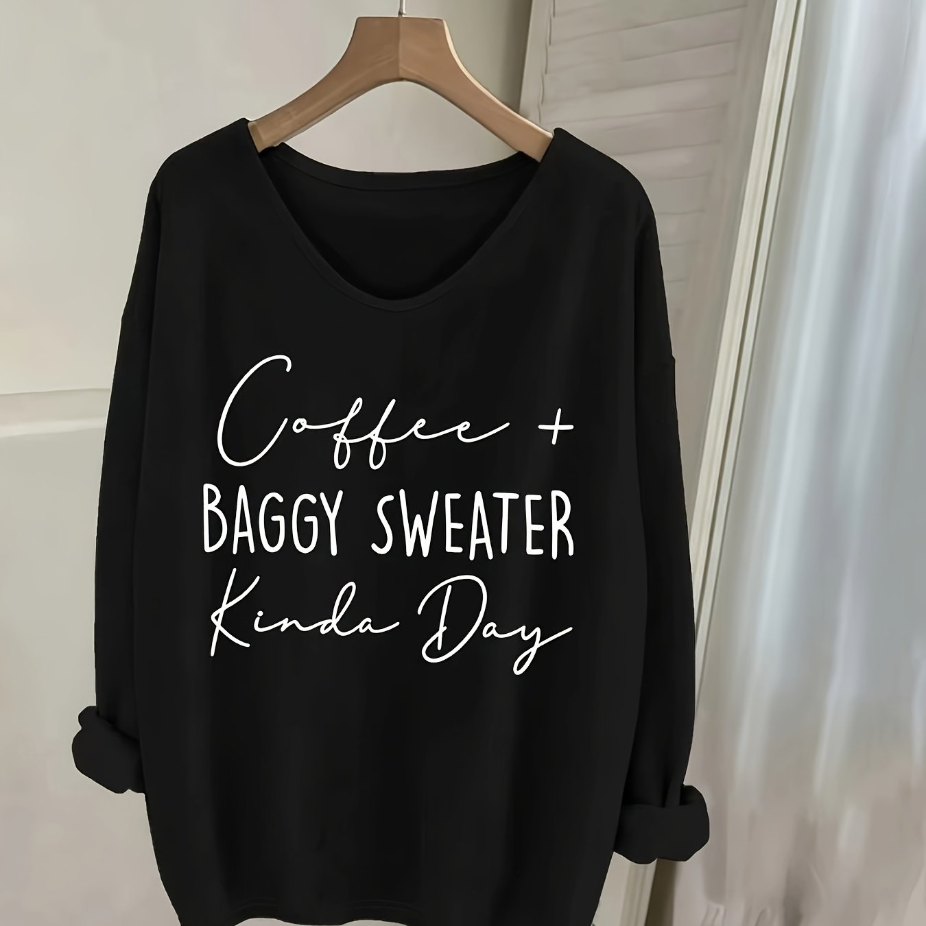 TEMU Casual V-neck Long-sleeve Top, Letter Print, Women's Clothing, Long-sleeve T-shirt, Long-sleeve Top, Fashion Top