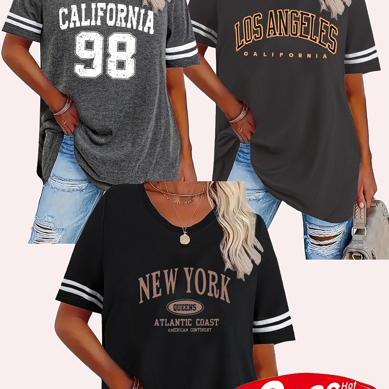 Image of Plus Size, Plus Size Women's Printed Round Neck Short Sleeve Striped T-shirt With Ribbed Hem 3pcs Set, Sizes 1-8xl