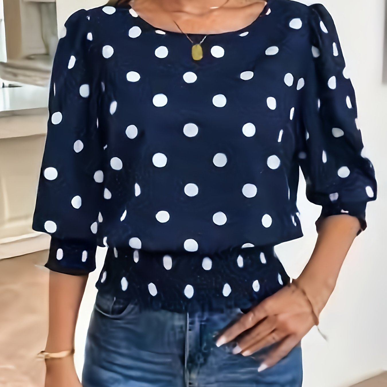 E-shop Frühling, Sommer und Herbst Retro-Punkte-Print Laternenärmel Eleganter Rüschen-Saum Vielseitiger Damen-Casualtop