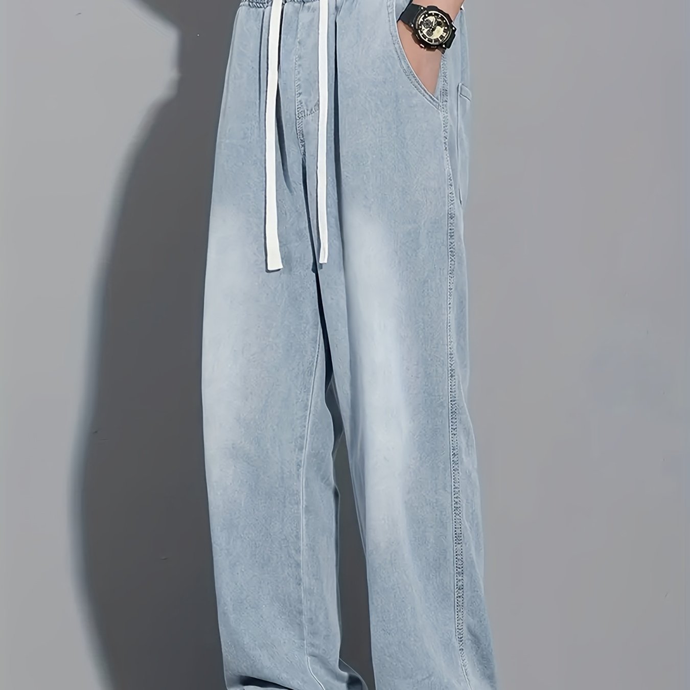 Image of Men' Blue Washed Jeans - Non-stretch Denim Pants With Drawstring Waist, Relaxed Fit For Everyday Streetwear, Casual Outfits - Teen & Adult Jeans, Comfortable Fashion, Mediumwaist Design