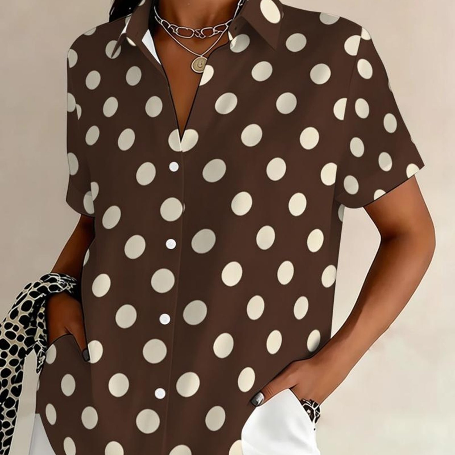 TEMU Plus Size - Western Summer Plus Size Women's Collared Short Sleeve Shirt, Button-up Cardigan, White Polka Dot On Dark Brown Base, Casual Wear,
