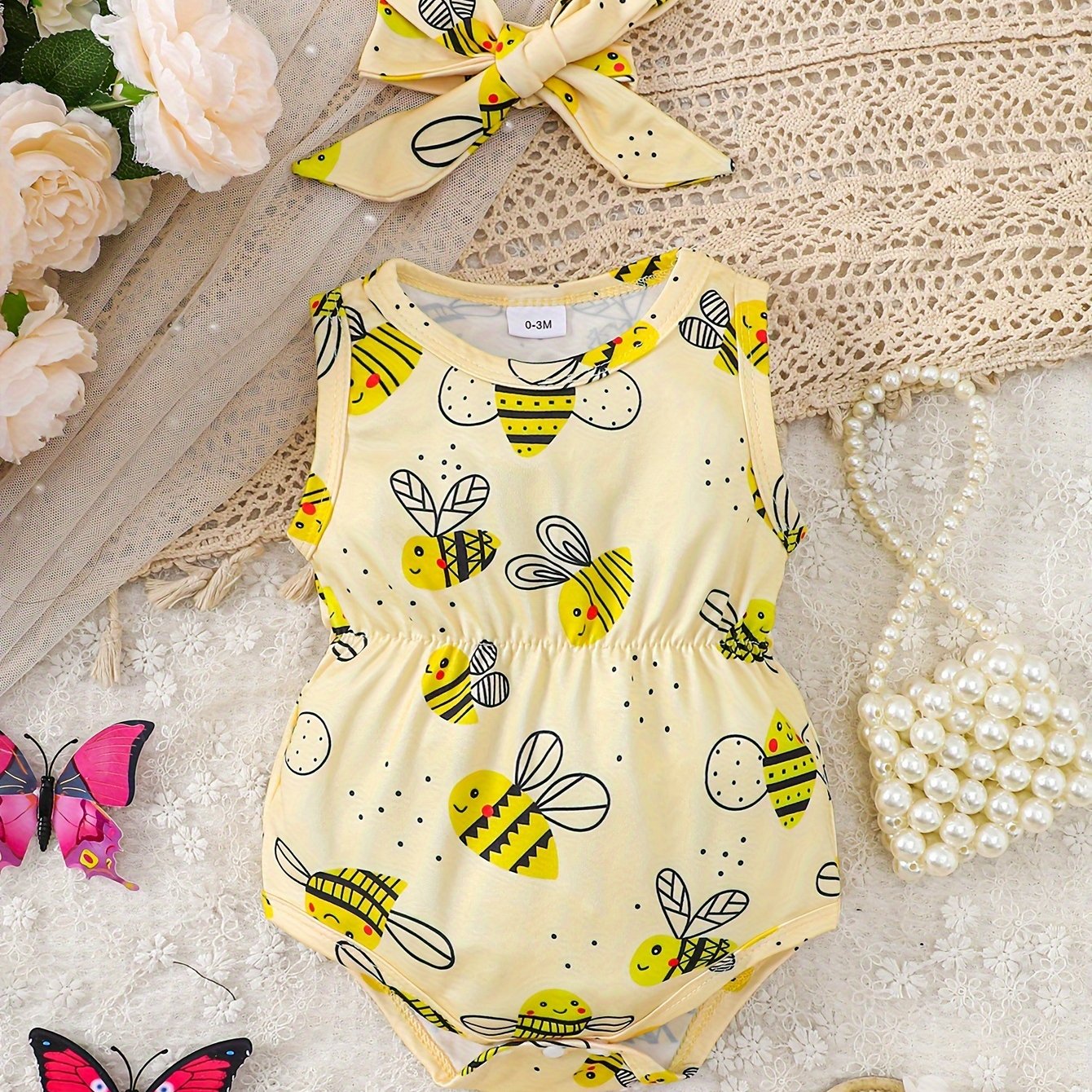 TEMU 's Cartoon Bee Print Bodysuit & Hairband, Casual Sleeveless , Toddler & Infant Girl's Outdoor Clothes For Summer, As Gift