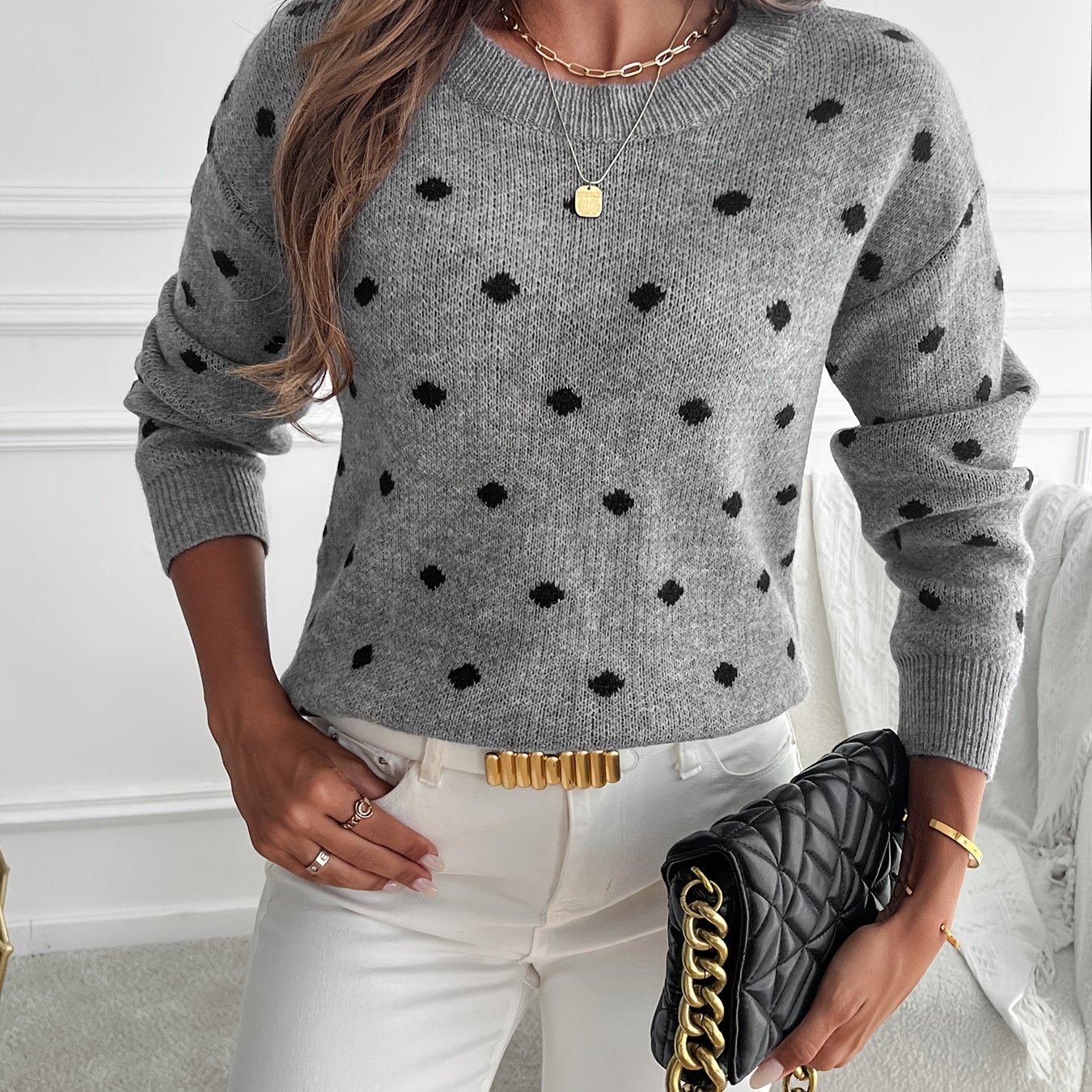 Chic Women's Sweater For Fall And Winter, Featuring Medium Elasticity, A Round Neckline, Long Sleeves, And A Polka , Perfect For An Elegant Look