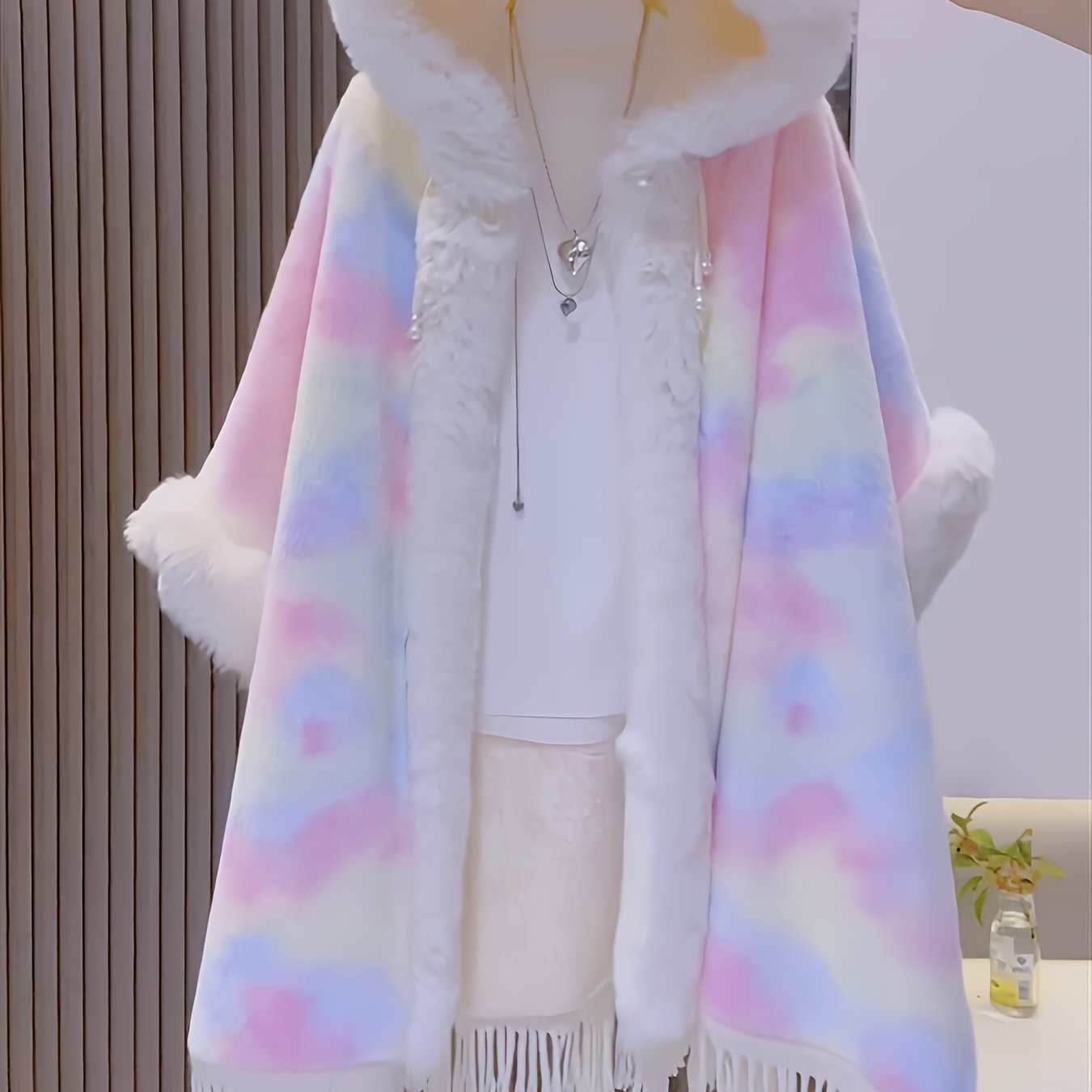 TEMU レディース タイダイ ケープコート - パステルピンクからブルーまでの、厚手フリース裏地付きバットスリーブ、トなパーティー・・日常着用 - 非ふわふわ冬コート、女性向けファッションコート、、なフリンジディテール、ふわふわ素材、ソフト素材、パーティーウェ...