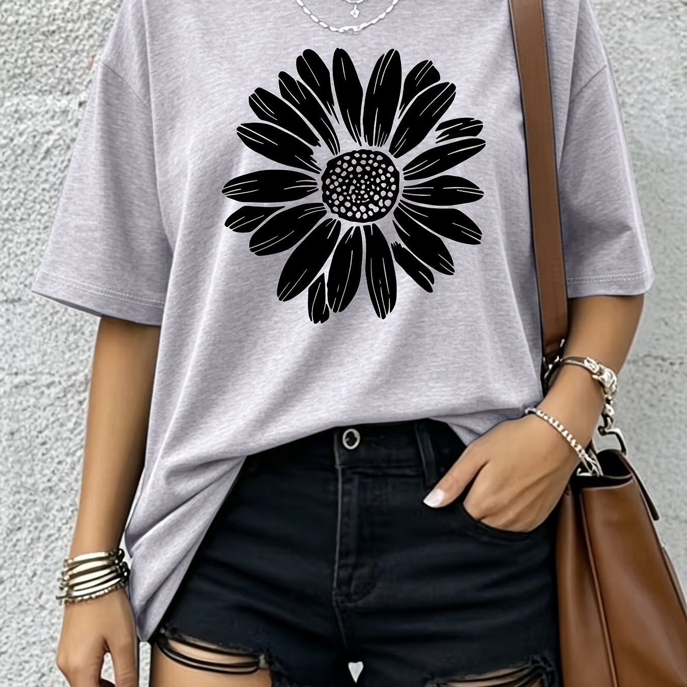 TEMU Plus Size, Pattern Print Fashion Round Neck T-shirt Plus Size