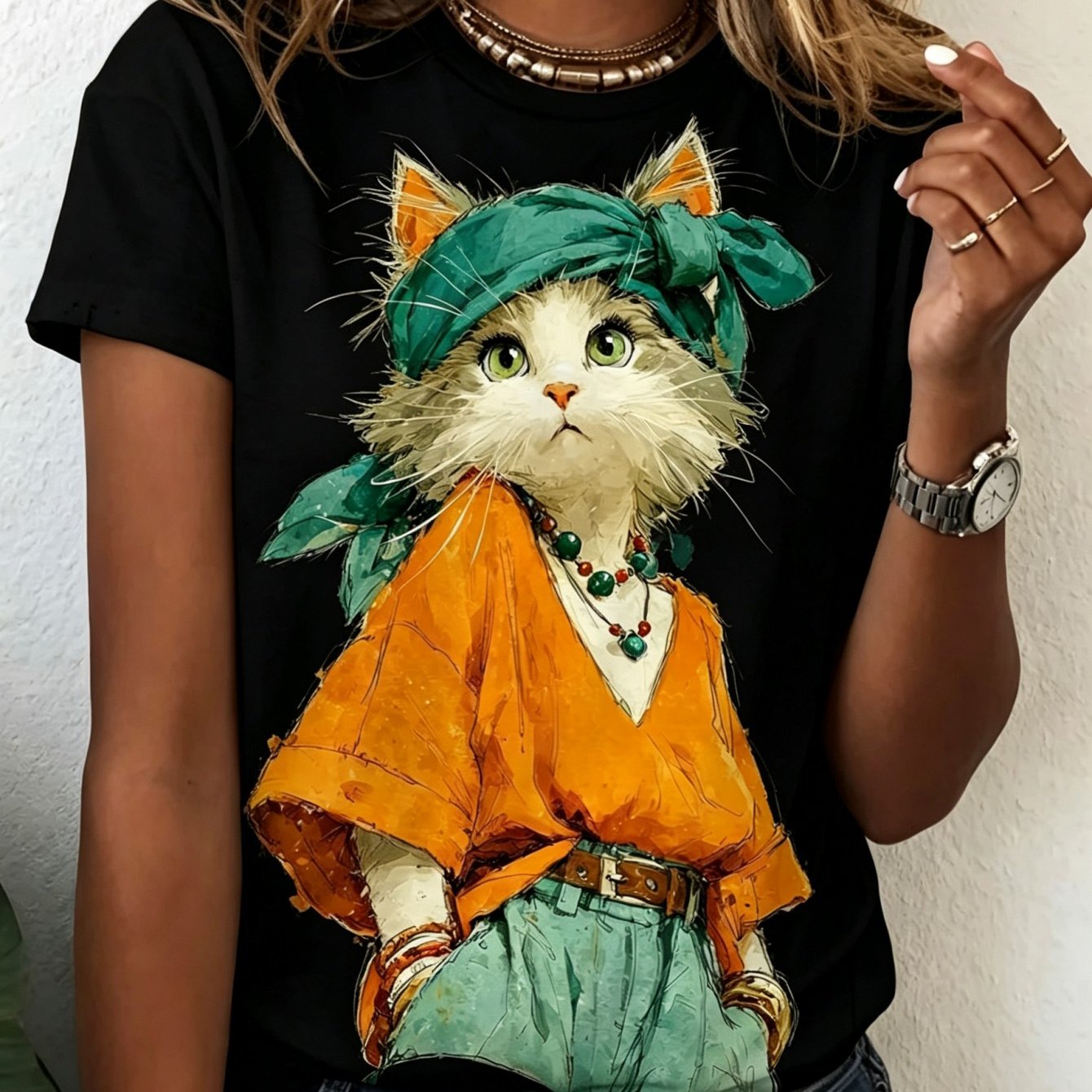 TEMU Women's Casual Short Sleeve T-shirt With Kitten Print - Loose Fit Round Neck Cat Graphic Tee, Cute Anime Streetwear Top Suitable For Daily Wear,