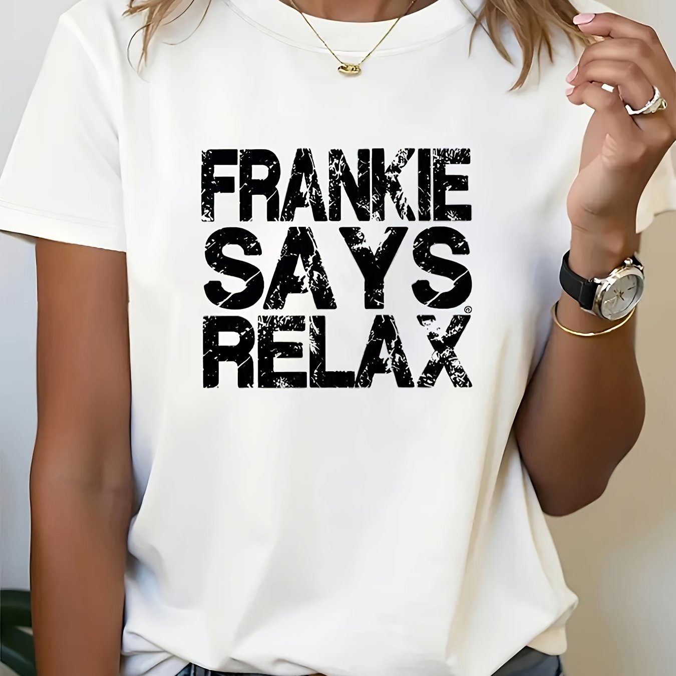 TEMU Women's Casual Short-sleeve T-shirt Featuring Cartoon Art Letter Prints With The Design 'frankie Relax' - Loose Fit, Round Neck, Soft And