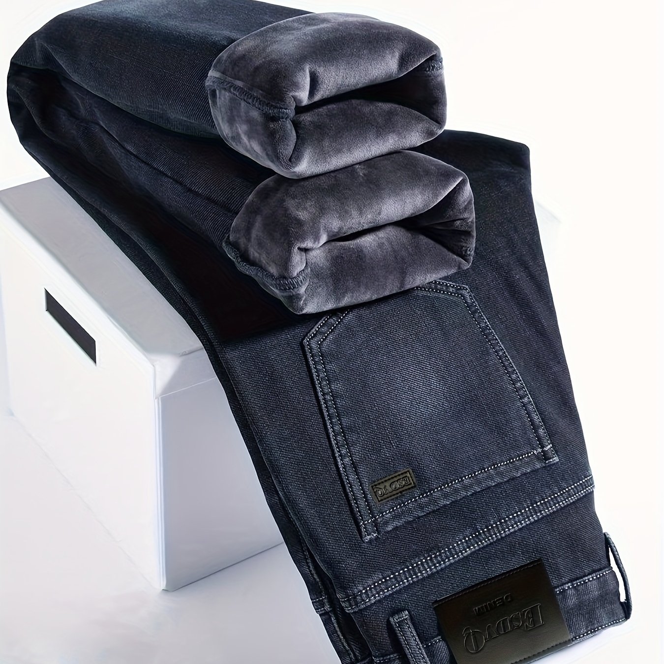 -gray Winter-thickened Jeans For Men, Straight-cut Stretch Pants