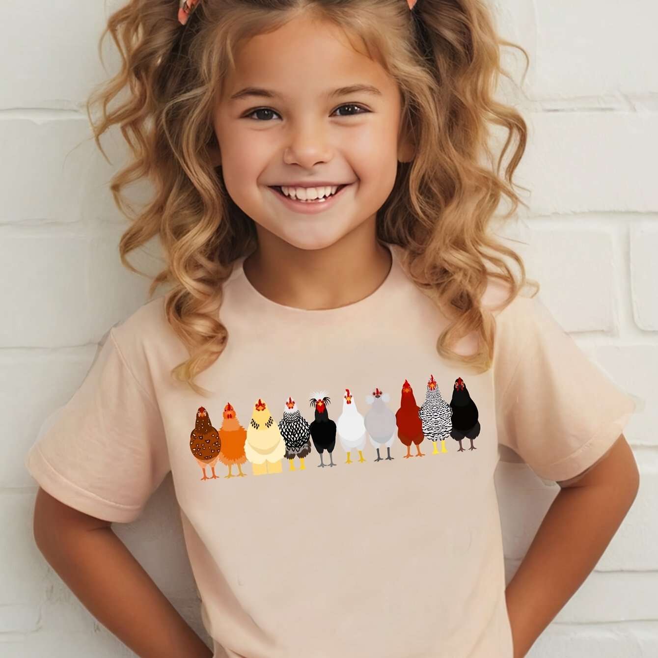 Image of Adorable Rooster T-shirt For Girls - Soft Polyester, Machine Washable, Round Neck - Perfect For Thanksgiving & Casual Attire