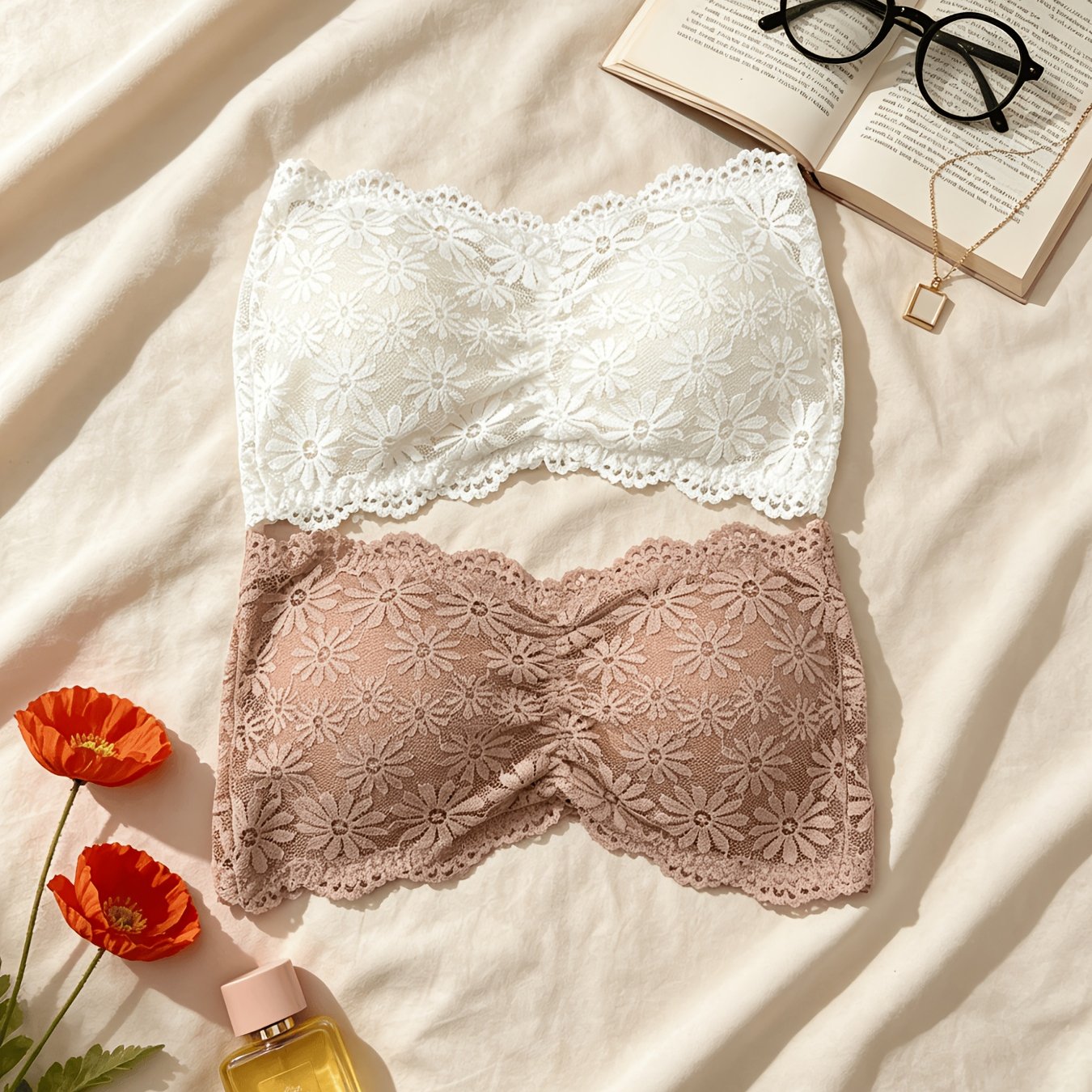 Image of 2pcs Women's Daisy Lace Strapless Bandeau Bra, Wireless No Slip Tube Top Bra, Back Hook Everyday Lingerie, Apricot & White