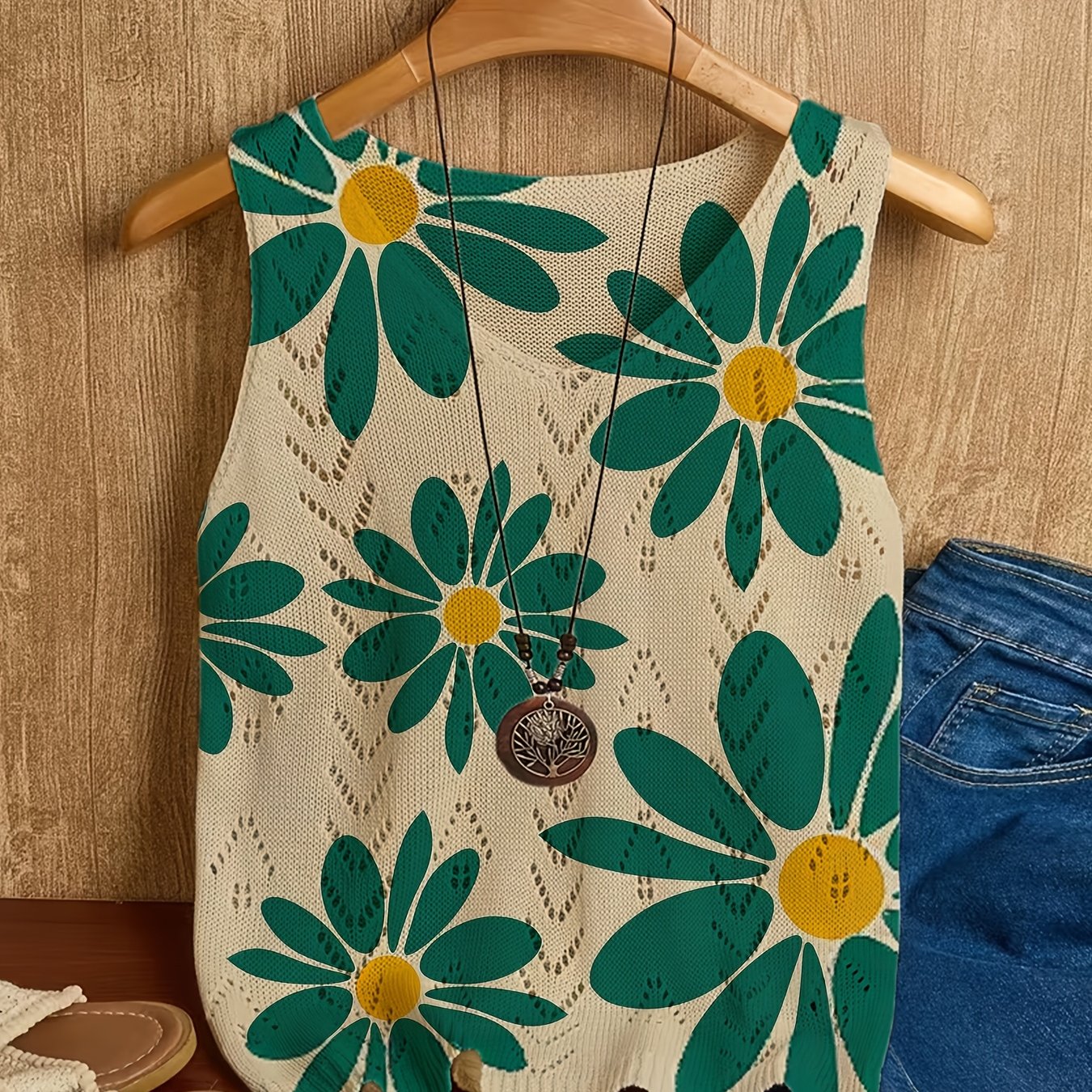 TEMU Gilet pull à œillets bohème du d'été, nouveau, , élégant et polyvalent, haut pour femme avec motif d'impression numérique à plat, impression