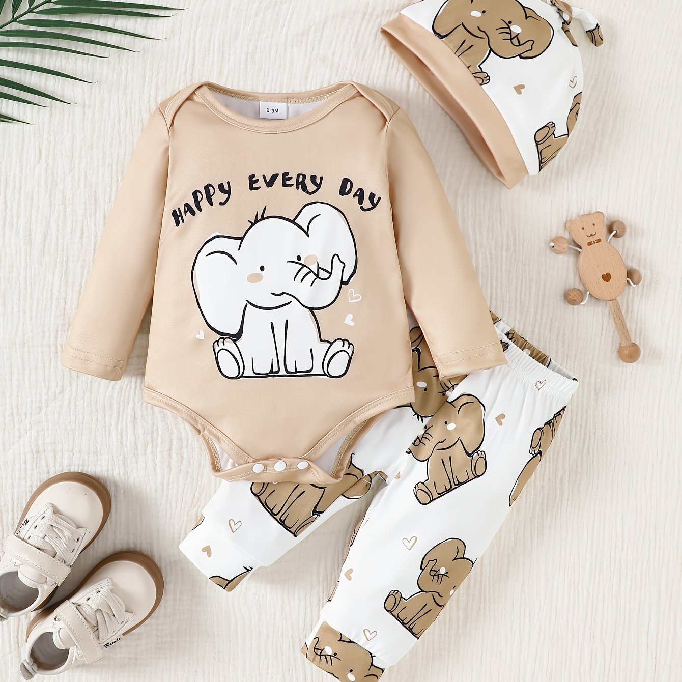 Image of Boys' And Girls' New Autumn/winter Comfortable Casual Cute Elephant Print Long-sleeve Romper + Small Elephant Print Pants + Hat 3pcs Set, Suitable For Outdoors, Perfect For Outdoor