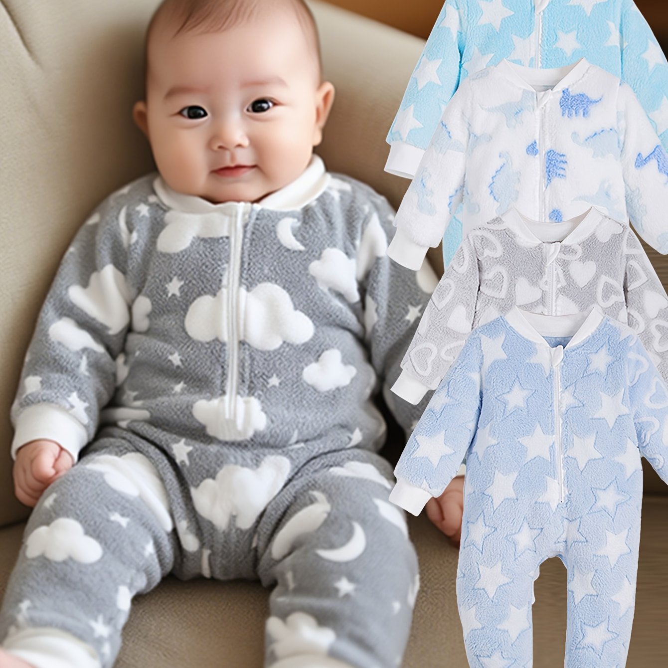 Image of 3pcs Random Shipping Autumn-winter Plush Boys' Bodysuit, Soft And Comfortable, Cute Pattern Warm Romper, Suitable As A Gift For Baby, Perfect For Outdoor