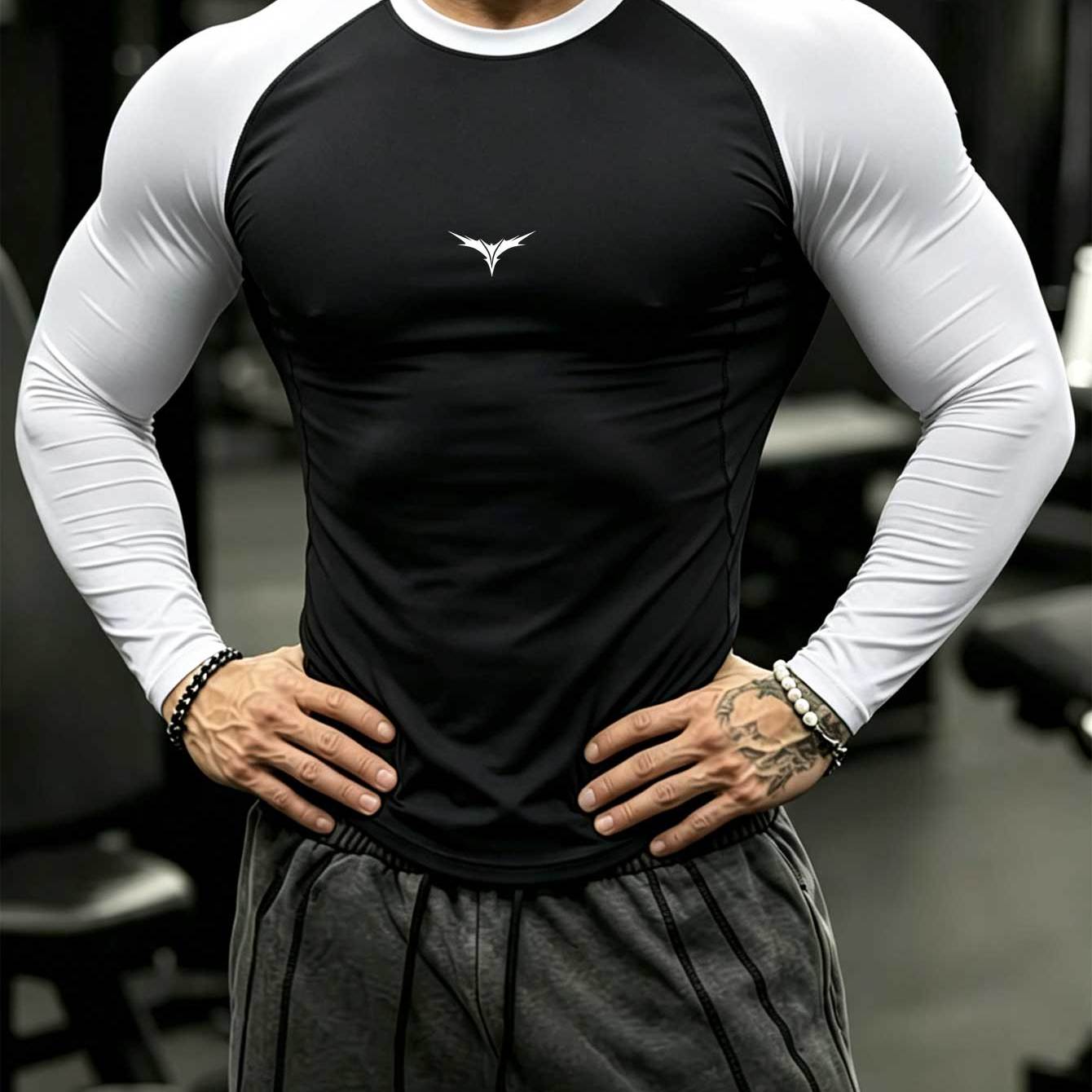 TEMU Men's Horn-shaped Shoulder Long Sleeve Athletic Top, Quick-drying Breathable Athletic Performance Wear, Gym Fitness Training Outfit,