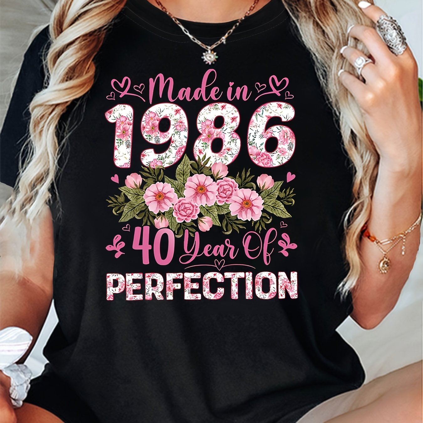TEMU Women's 1986 Of Perfection Flower Theme T-shirt | Pink Flower & Heart & Slogan Decor Casual Short Sleeve, Pink-white Elegant Birthday 1986 40th