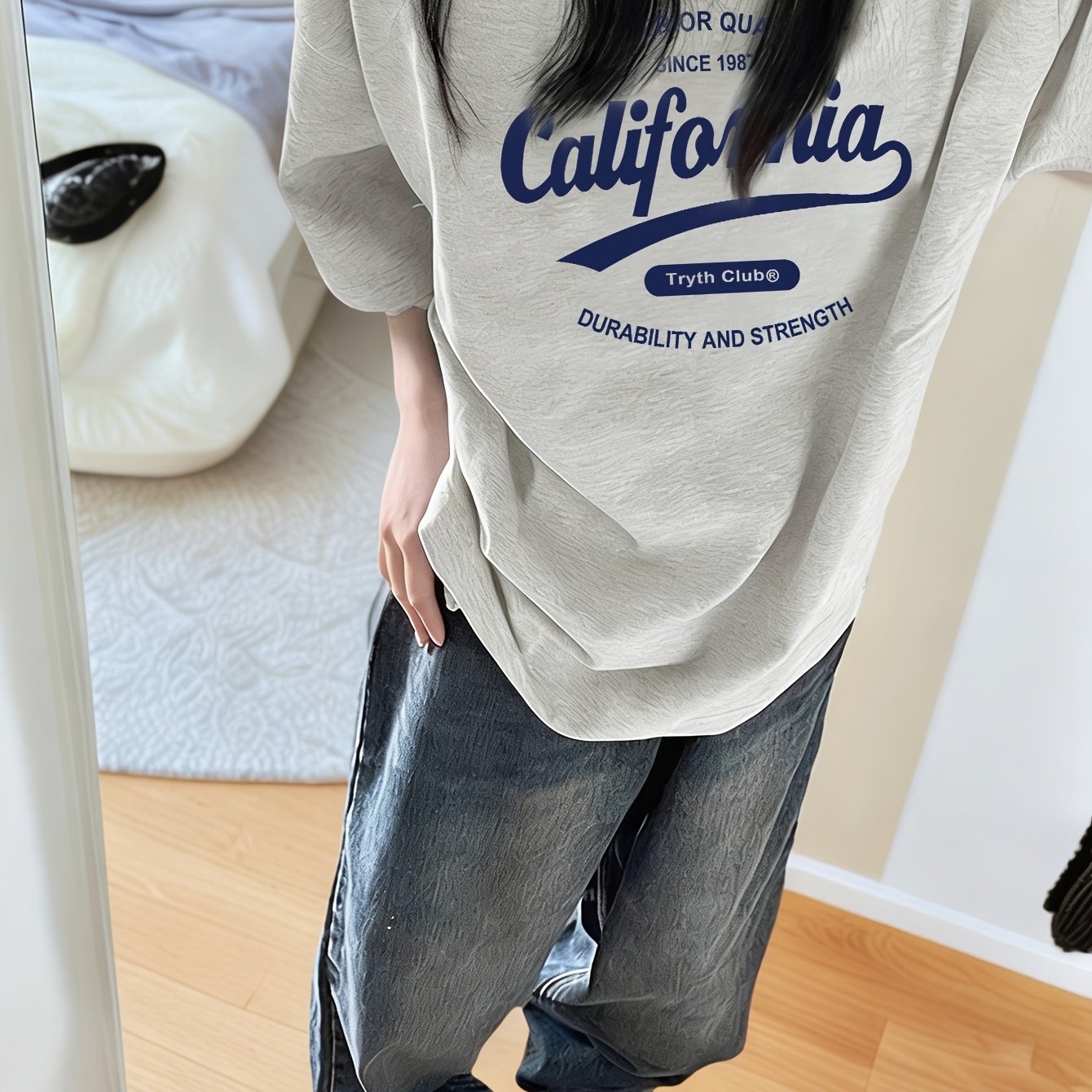 TEMU 여성용 아메리칸 빈티지 스타일 레터 프린트 루즈핏 크루넥 반팔 티셔츠, 여름 캐주얼 스트리트웨어 활용도 높은 하프 슬리브 상의