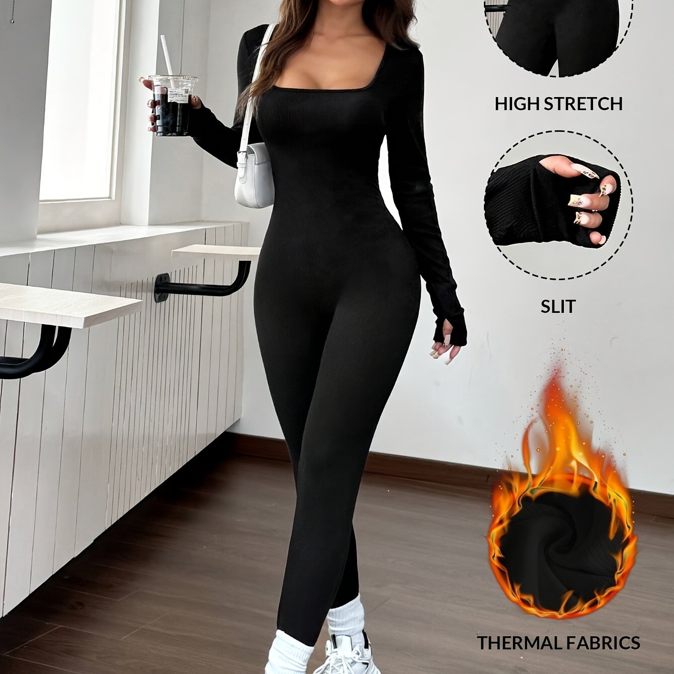 1pc Black Tight Turtleneck Jumpsuit, Casual Wear, Autumn