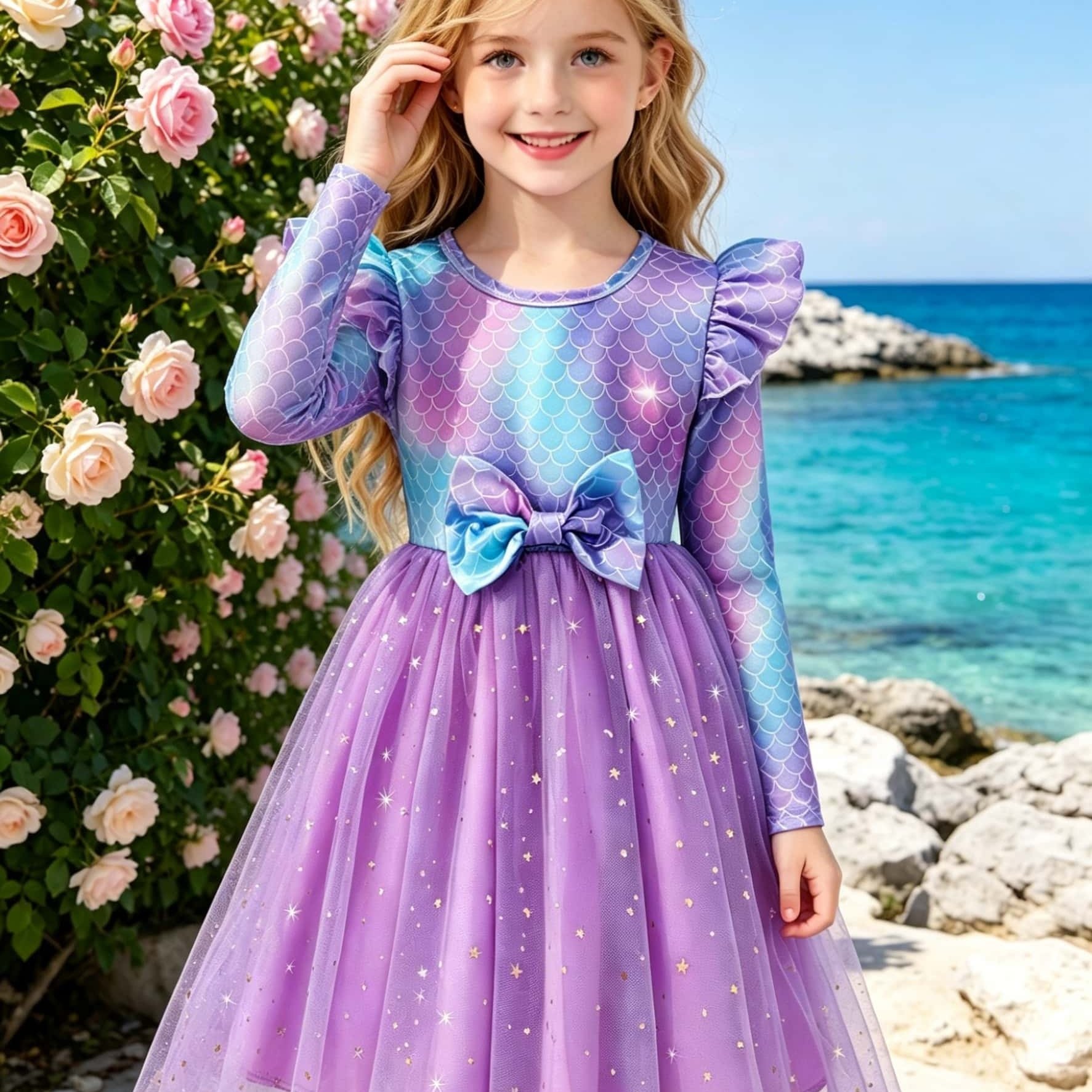 Valentine's Day Girls' Tulle Dress, Long Sleeve A-line Dress With Bow Detail, Sequined Mesh , Fish Scale Print Fashion Mermaid Style Dress, Mesh Skirt Trendy, Girls' Birthday Dress, Autumn Wear