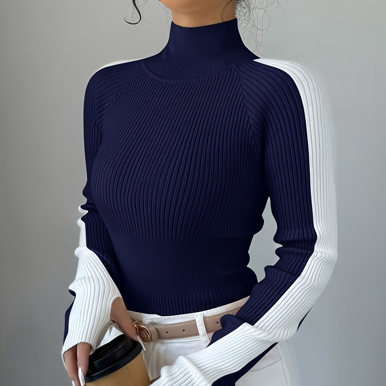 TEMU Contrast Color Turtleneck Comfortable Layer Top