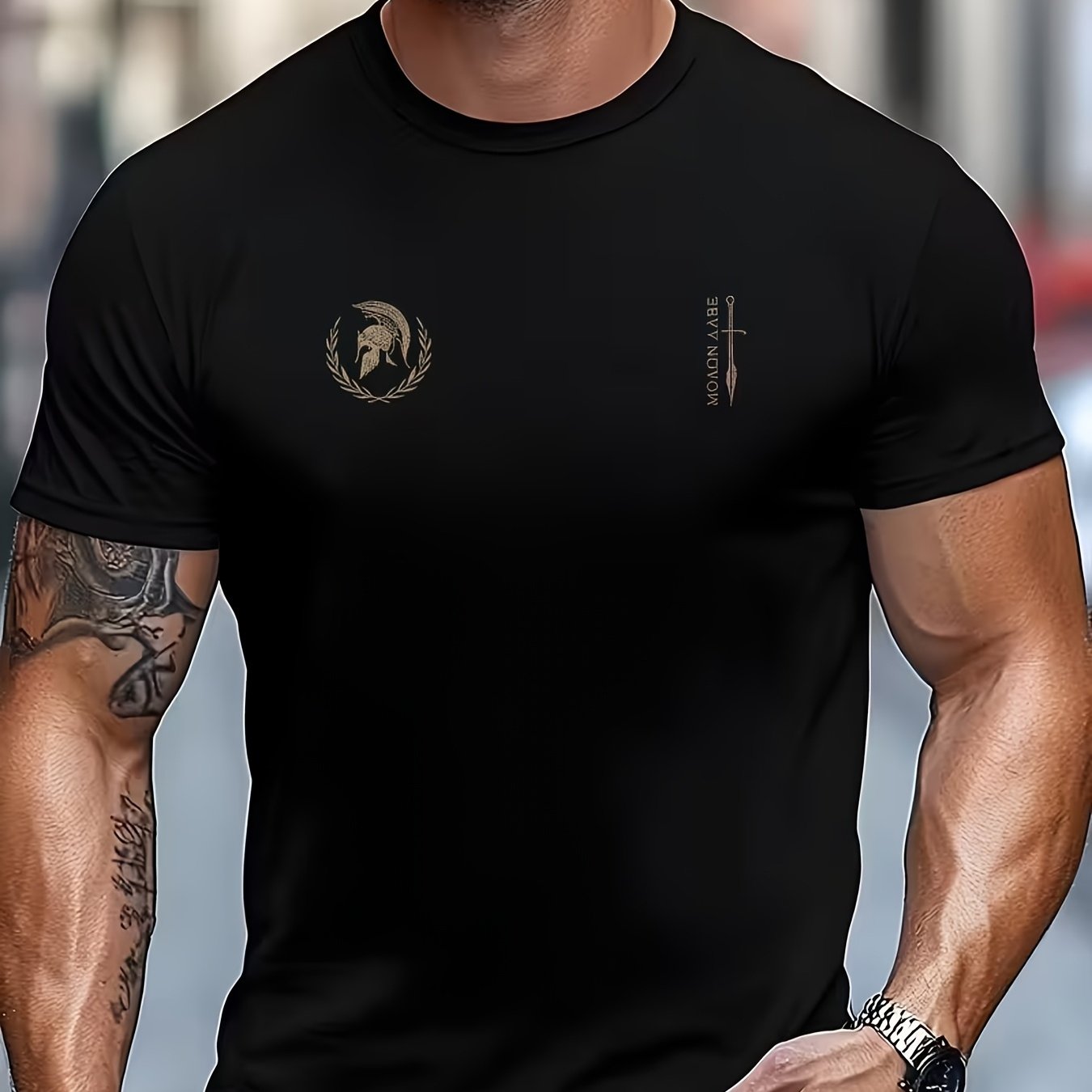Image of Men' Warrior T-shirt - Spartan Helmet And Shield Print Regular And Casual Wear Suitable For Workout, Everyday Use, Spartan-themed Apparel
