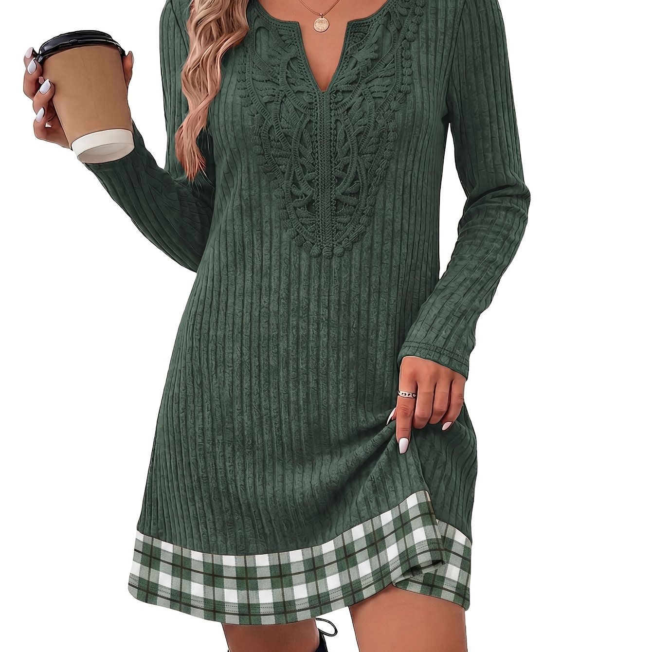 TEMU Vestido de larga para mujer, , casual, con cuello en V, estilo básico de moda con empalme de bloques de color