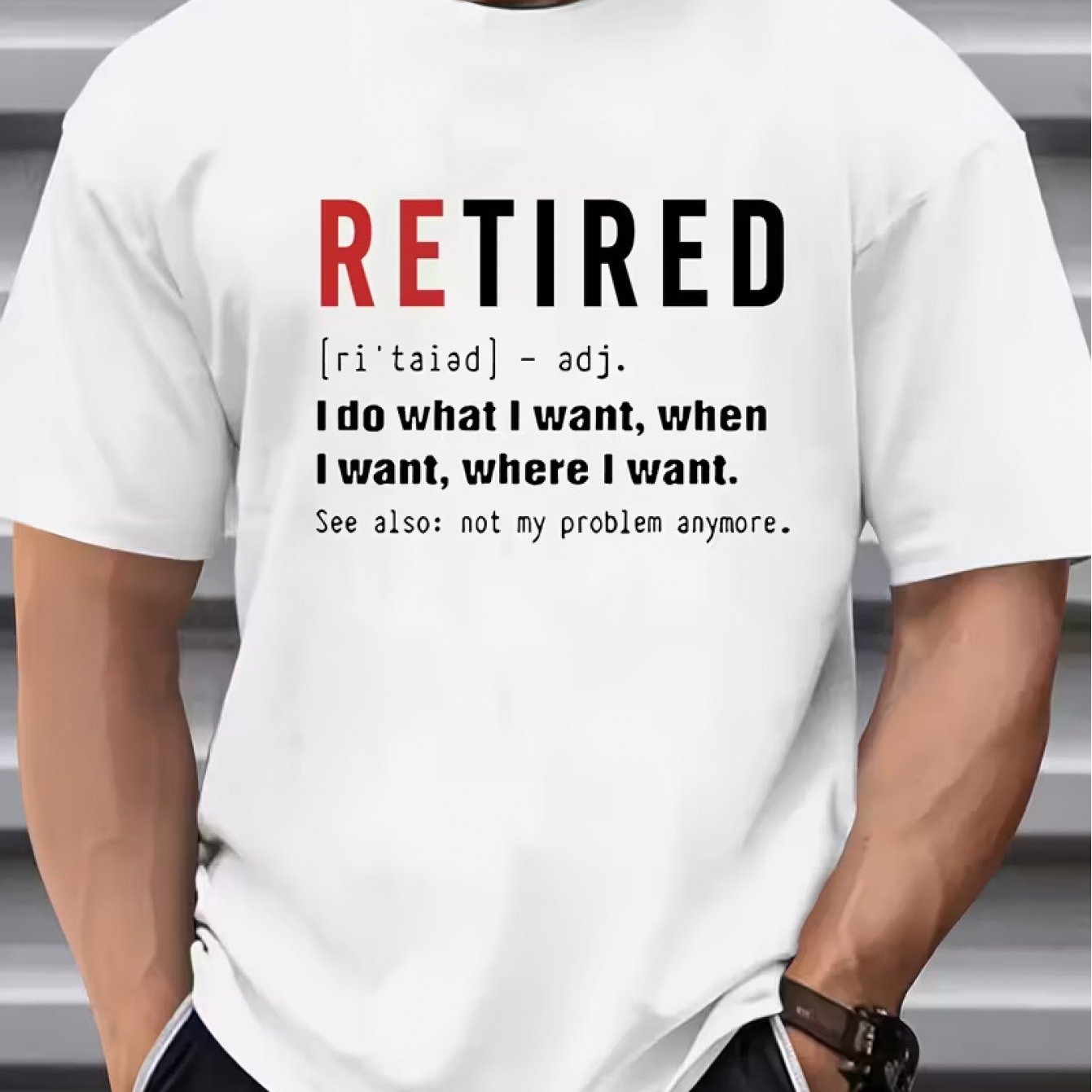 TEMU Men's Funny Retired Slogan T-shirt - White With Red/black Retired Print & Latin Translation - Soft Breathable Short Sleeve Round Neck Casual Tee