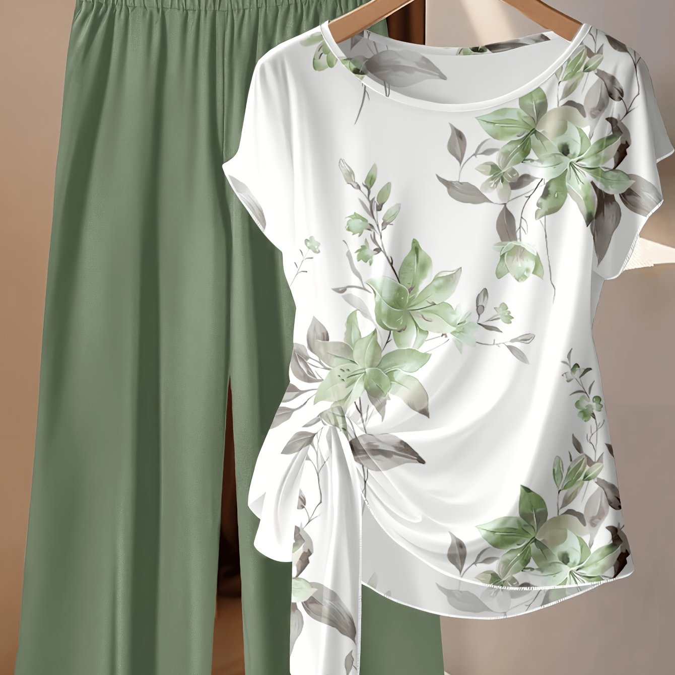 TEMU Summer Ink Print Ice Set Women's Short Sleeve Top And Flowing Wide-leg Pants 2pcs Wear Thin Cool Floral Chiffon Set Side Twist Tie Set Suitable
